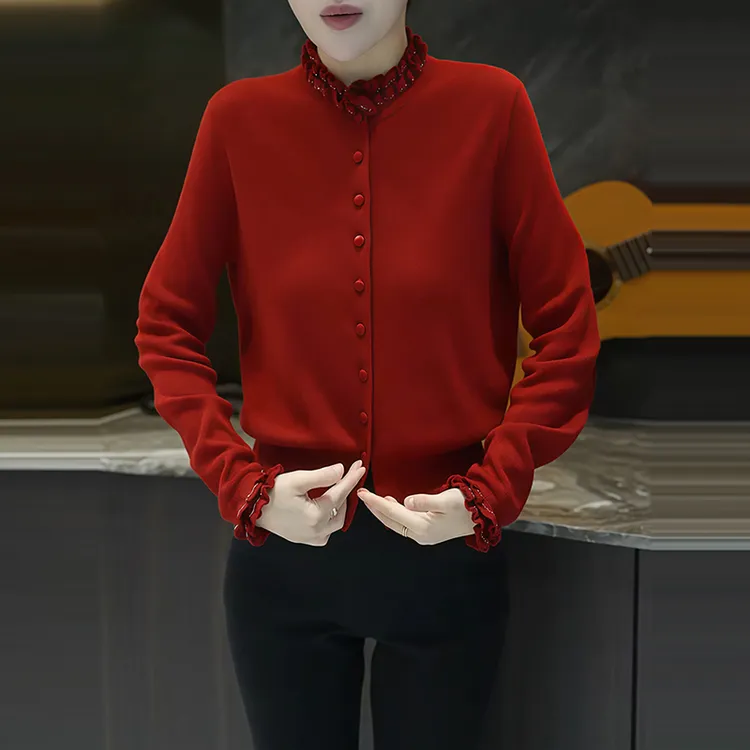 法式时尚设计感红色木耳边针织衫女装长袖单排扣洋气百搭气质毛衣