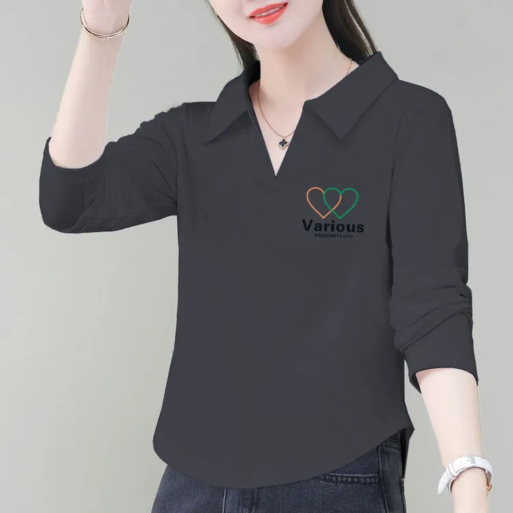 100%纯棉翻领显瘦2025春秋新款百搭POLO衫女弧形下摆洋气长袖上衣