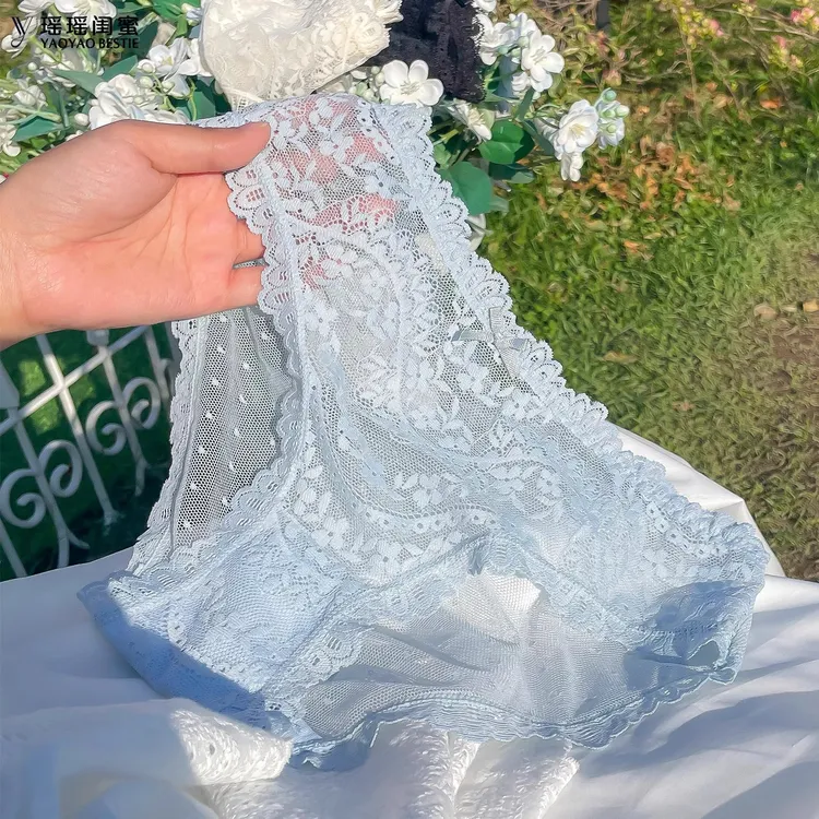 瑶瑶闺蜜浪漫限定~纯欲性感蓝色蕾丝内裤低腰少女夏季大码三角裤