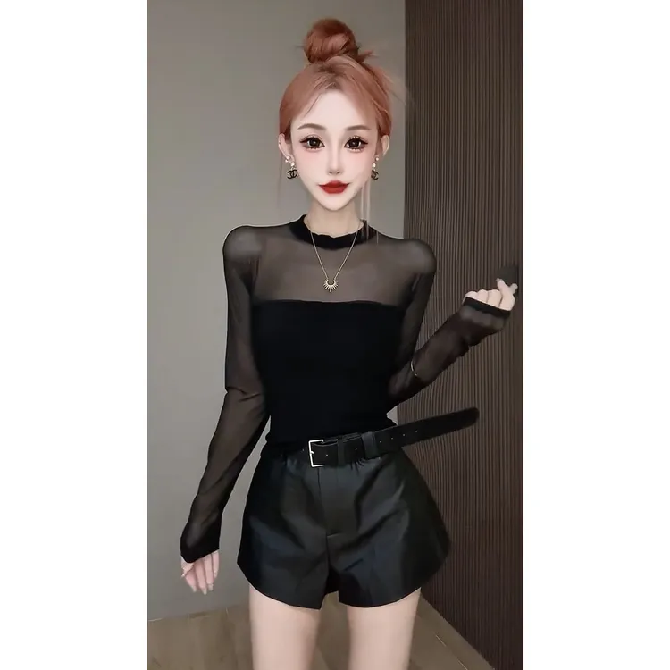 性感辣妹风网纱拼接长袖T恤女2025秋季新款修身显瘦设计感短上衣
