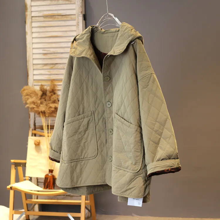 新品冬日2025年TY时尚压格连帽文艺简约夹棉棉衣中长款百搭棉服女