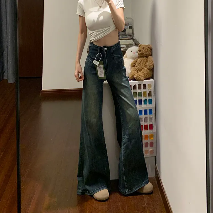 美式复古水洗微喇牛仔裤女秋季高腰宽松直筒阔腿拖地垂感喇叭裤子