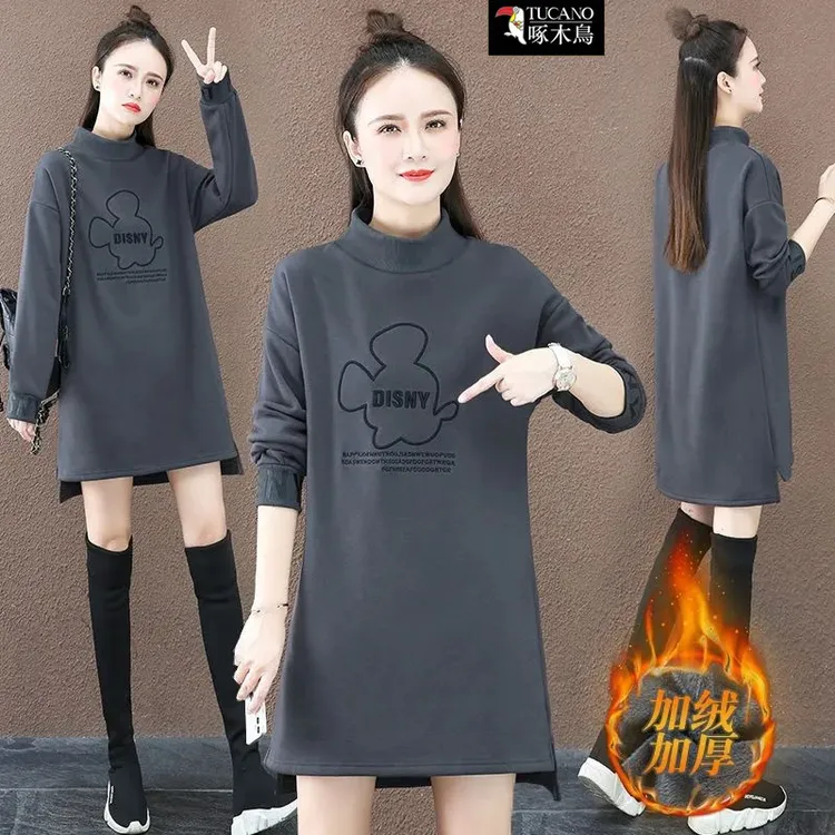 啄木鸟正品2025秋冬中长款半高领打底衫外穿韩版大码宽松显瘦上衣