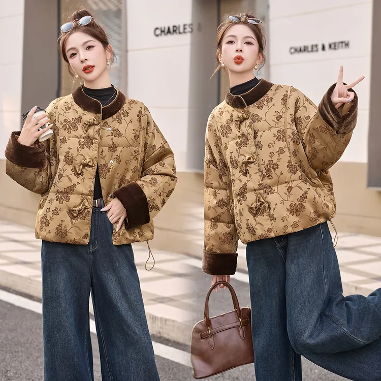 新中式国风复古提花羽绒服女2025冬季新款轻奢气质白鸭绒短款外套