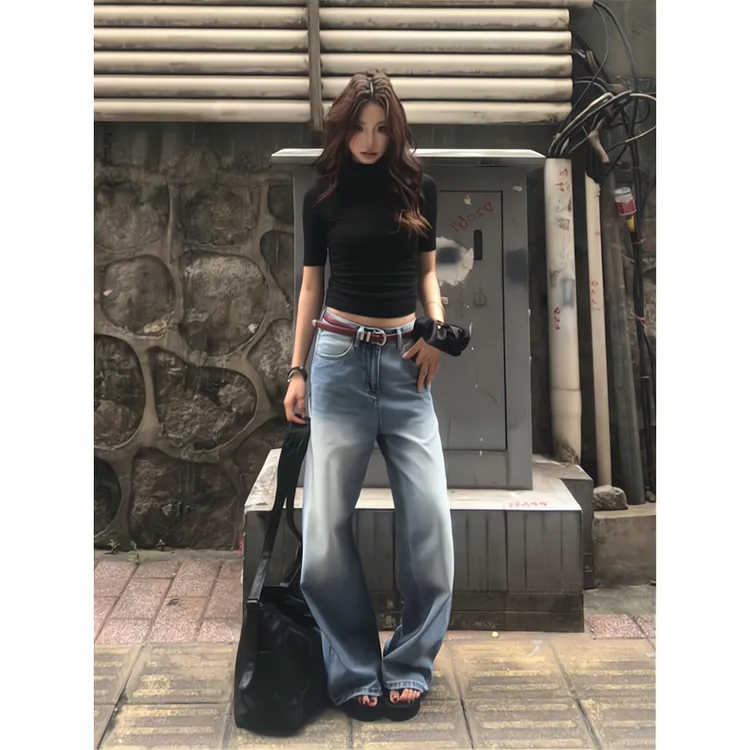 中袖t恤小高领修身体恤圆领五分袖上衣折痕水洗牛仔裤直筒阔腿裤
