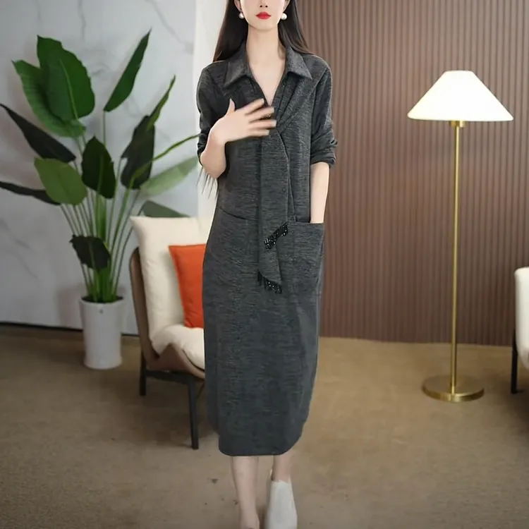 【奈娅定制】C889时尚气质显瘦修身减龄长袖连衣裙2025新款连衣裙