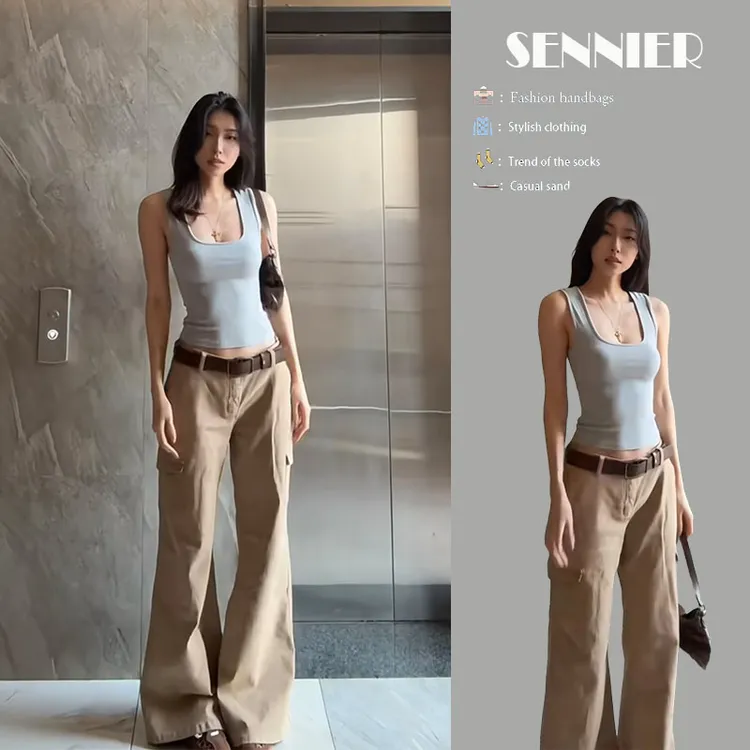 时尚穿搭女2025夏季新款简约修身背心无袖上衣阔腿牛仔裤两件套装