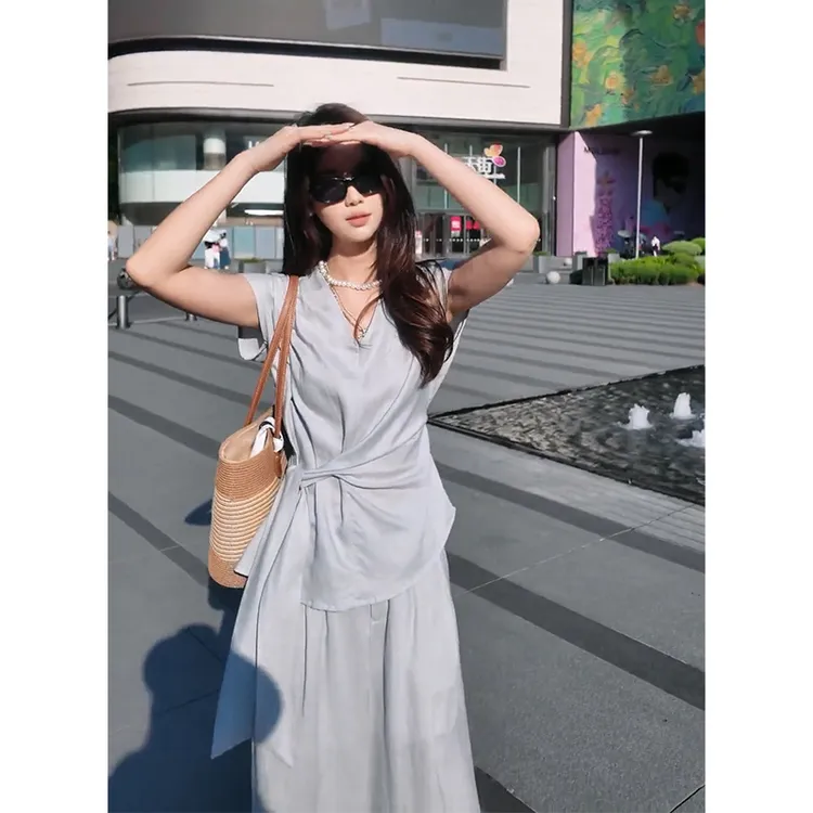 2025夏季新款法式气质收腰绑带V领短袖上衣百搭高腰显瘦阔腿长裤