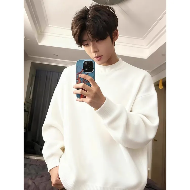 白色美式圆领毛衣男秋冬季cleanfit重磅痞帅上衣慵懒风潮牌针织衫