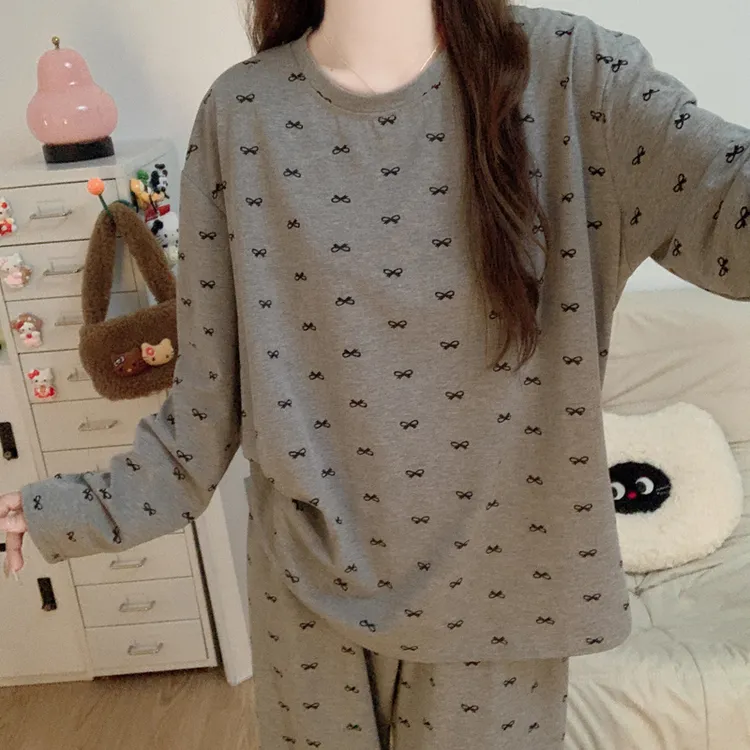 【纯棉】韩系风慵懒睡衣女春秋季长袖纯棉甜美蝴蝶结休闲家居服套装
