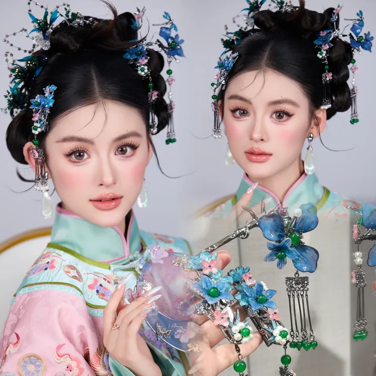 9076民族风蓝粉色发簪减龄百搭精致新娘头饰