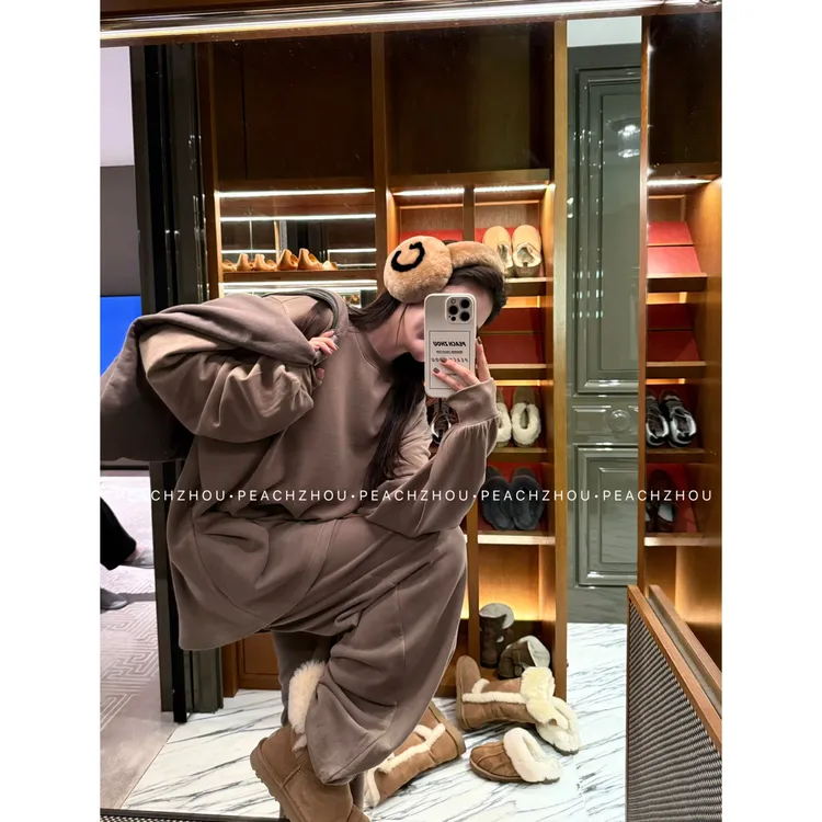 『PEACHZHOU』懒人羊绒桑蚕丝套装 宽松休闲圆领长袖松紧腰直筒长裤