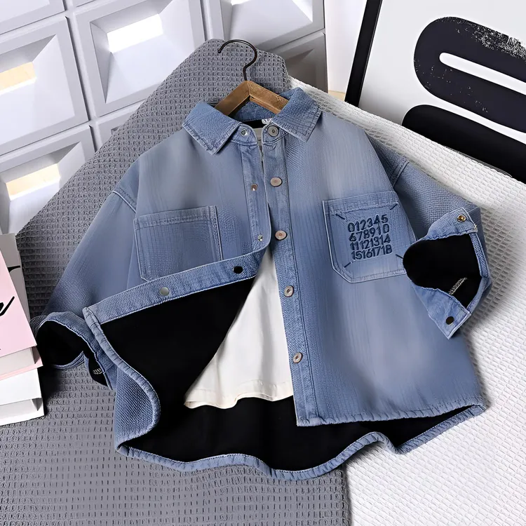 男童加绒软牛仔衬衫2025秋冬季儿童一体绒衬衣中大童休闲外套9235