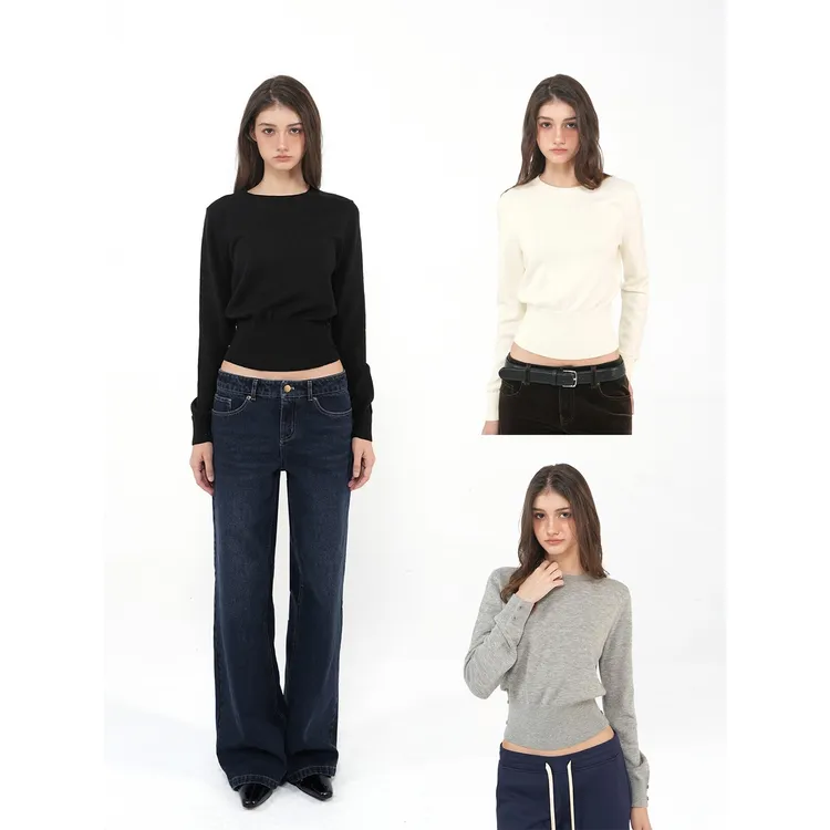 Jim Kennet三色宽松圆领收腰长袖针织上衣