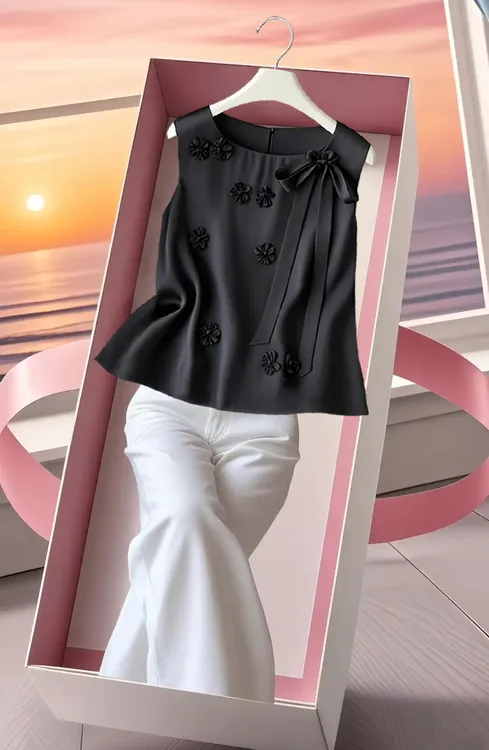 202新款设计感无袖衬衫花朵飘带装饰休闲显瘦时尚百搭上衣小衫