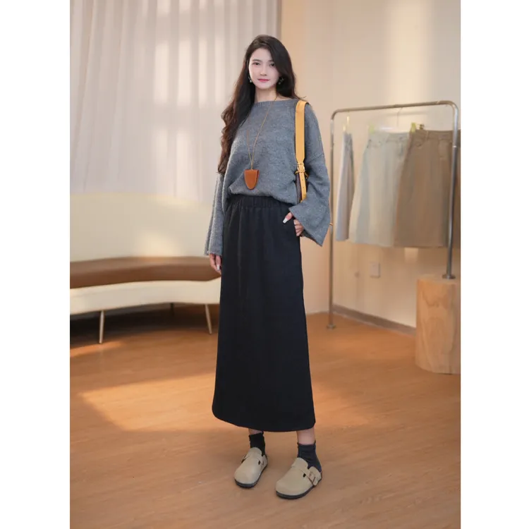 2025秋冬加厚醋酸绵羊毛新款A字半身裙-松紧腰保暖中长裙羊毛裙