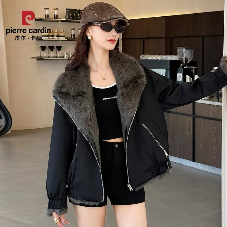 皮尔卡丹两面穿毛领皮衣女中长款黑色皮毛一体外套冬季保暖夹克仿