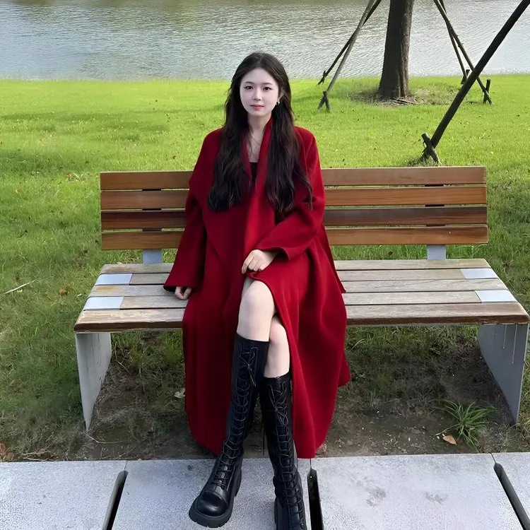 红色双面呢子大衣女爆款2025新款秋冬大翻领中长款羊气质毛呢外套