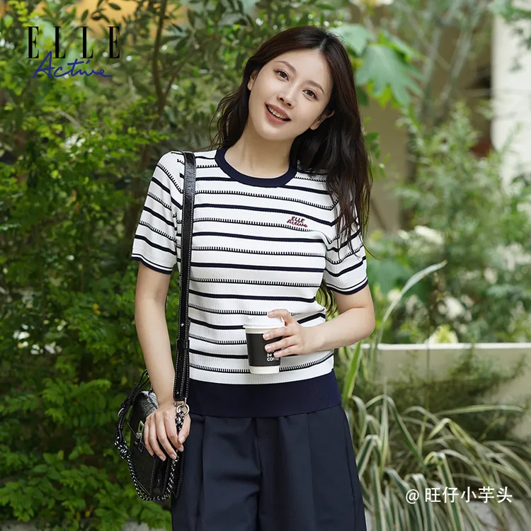 ELLE Active气质条纹短袖针织衫女款夏季通勤休闲圆领套头上衣T恤