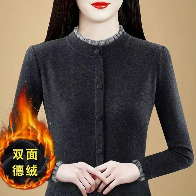 高档双面德绒打底衫女新款秋冬时尚内搭外穿洋气百搭妈妈保暖上衣