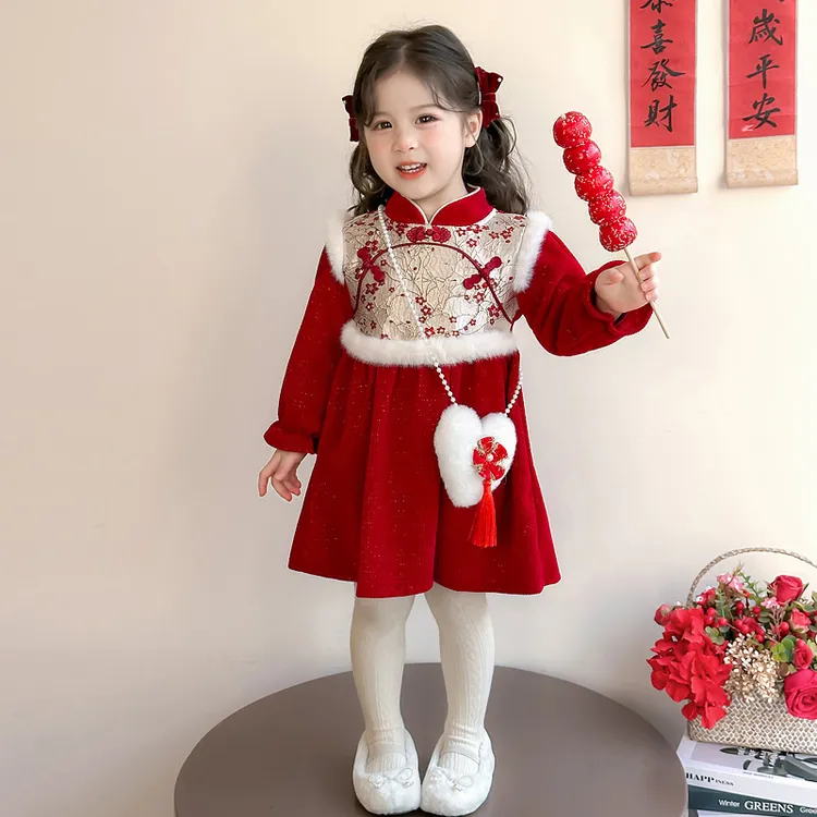 中式风女童连衣裙冬季加厚保暖红色长袖中长裙新年儿童拜年服冬装