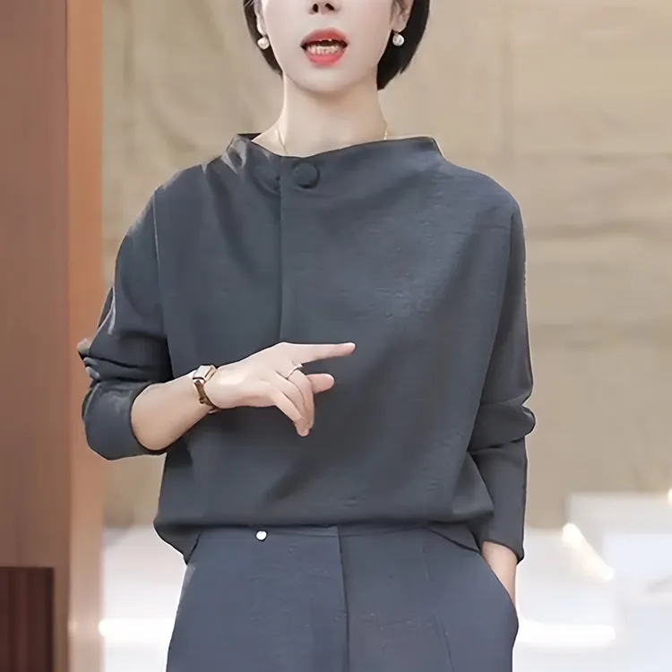 2025秋季新款灰色时尚长袖立领T恤女减龄显瘦短款内搭打底上衣