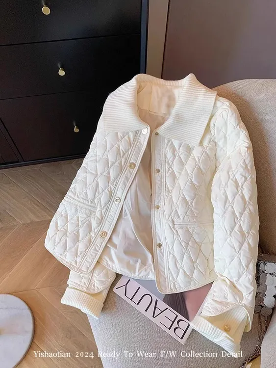 韩系轻奢小香风翻领菱格棉衣外套女短款秋冬加厚夹棉休闲派克棉服