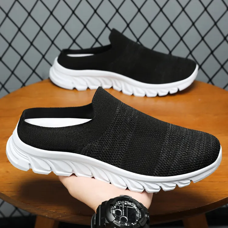 男鞋新款飞织拖鞋网面透气休闲鞋浅口软底半托一脚蹬简约平底低帮