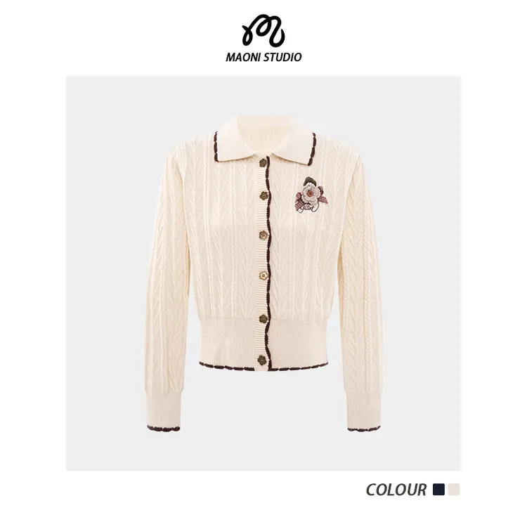 毛妮LADIESFIRST翻领麻花刺绣针织开衫女老钱风气质毛衣外套L2695