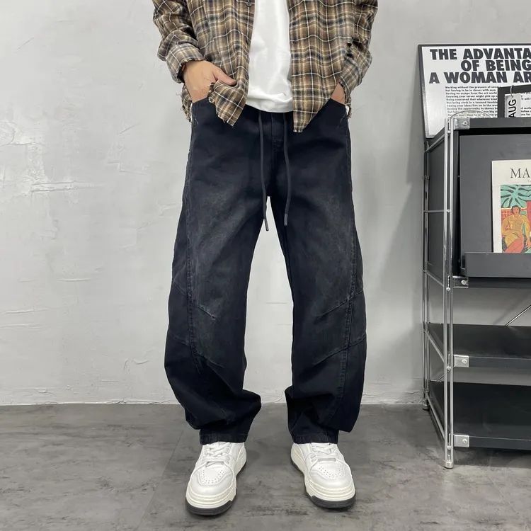 美式复古水洗黑色弯刀牛仔长裤男2025秋季宽松百搭立体裁剪阔腿裤