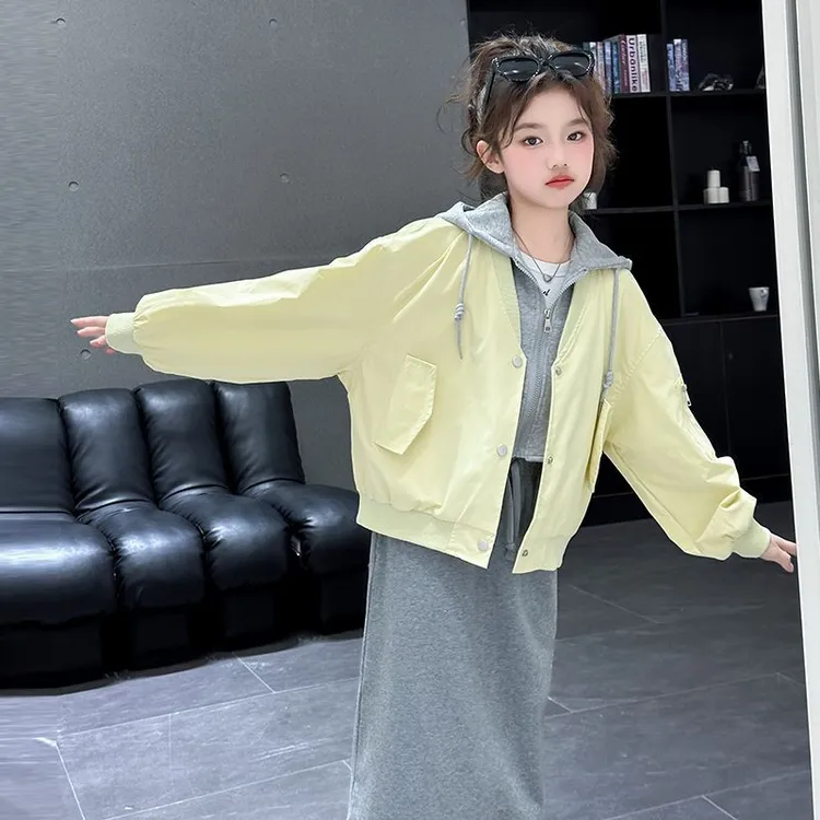 女童假两件春秋装外套2025新款中大童儿童连帽撞色秋季休闲拉链衫