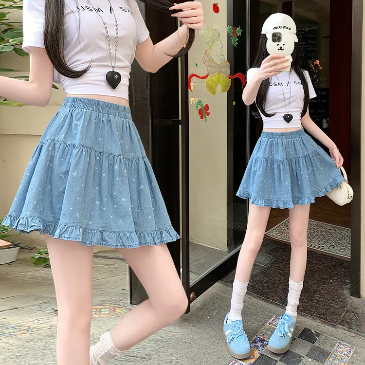 现货 甜美木耳边蝴蝶结碎花牛仔半身裙高腰减龄A字短裙