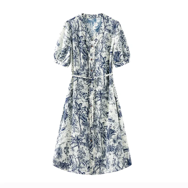 Childe Yao碎花桑蚕丝弹力斜纹印花气质系带夏季连衣裙 CYC55167