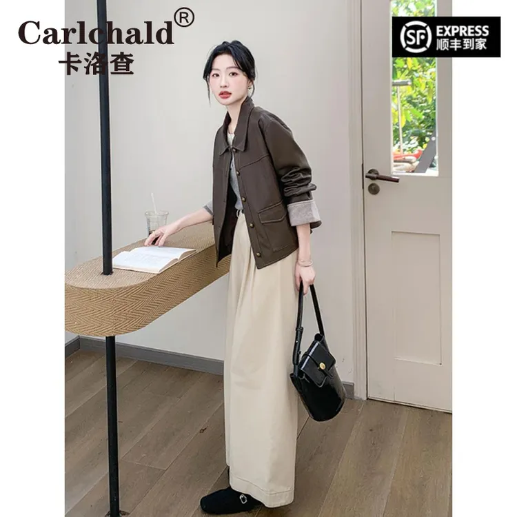 CARLCHALD卡洛查酷飒风咖色pu皮衣外套女春秋2025新款港风覆古休