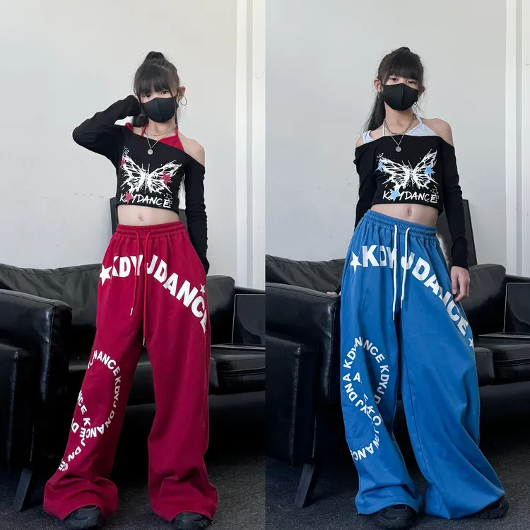 秋季新款童装潮酷女童露肩长袖T恤宽松卫裤少儿爵士舞演出服套装