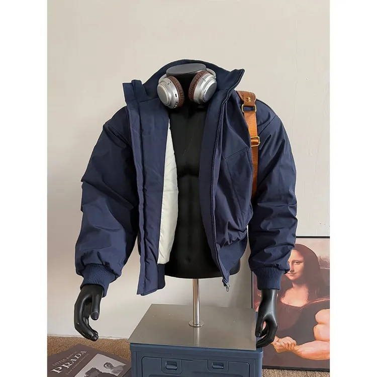 藏青色短款羽绒服男款冬季美式立领棉衣外套高级感飞行员夹克棉服