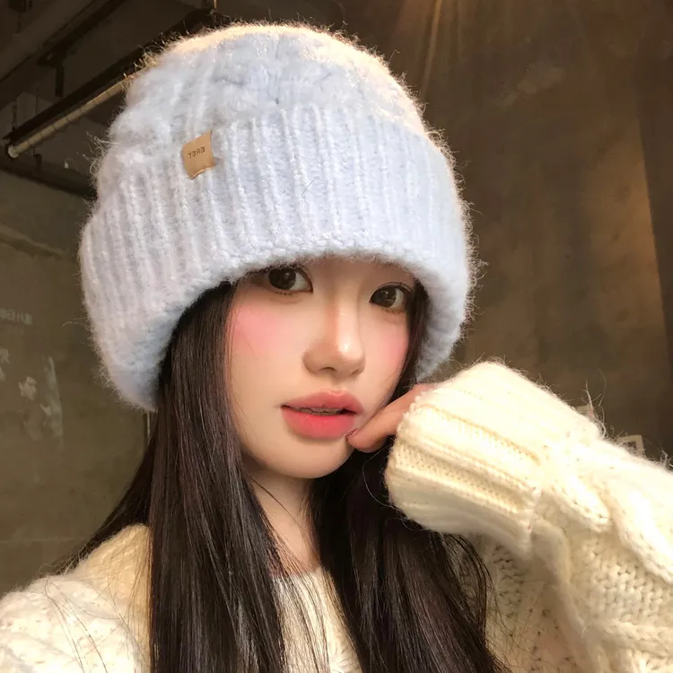 大头围蓝色麻花毛线帽女秋冬保暖加厚显脸小冷帽韩系防寒针织帽子