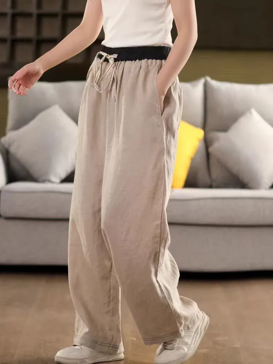时尚拼色宽松显瘦杏色松紧腰系带直筒裤长裤复古垂顺棉麻色织裤女