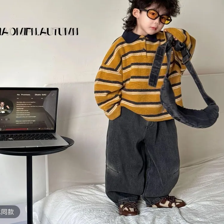 YeeHoO英氏【断码】男童2025秋冬加绒加厚新款POLO衫韩版时尚条纹撞
