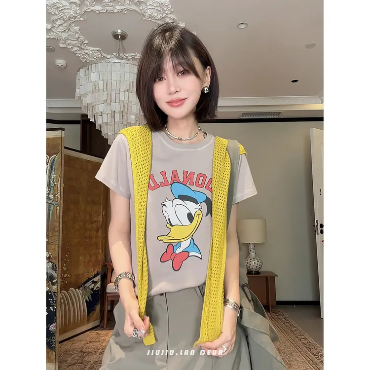 【青荷映月】韩系复古唐老鸭印花短袖T恤女圆领宽松休闲上衣