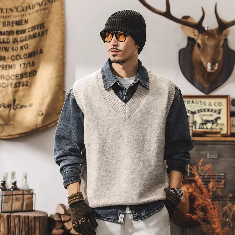 美式复古绒感针织衫背心男保暖内搭羊毛衫宽松无袖毛衣坎肩马甲男