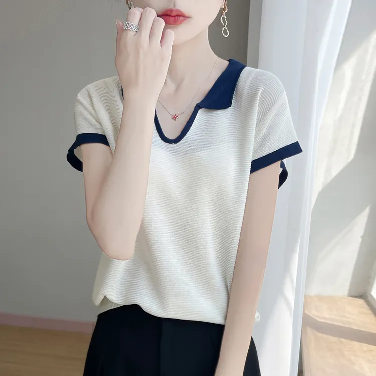 天丝苎麻polo领拼色短袖25年新款女时尚气质休闲T恤宽松夏季