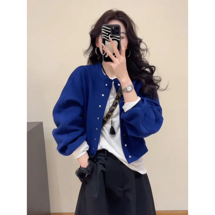 【蓝调时光】韩版圆领休闲双排扣夹克短外套女蓝色早秋外搭开衫上衣