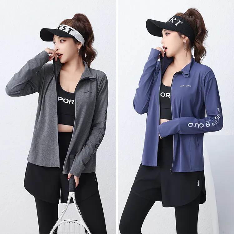 春季新款瑜伽服女套装宽松立领拉链开衫假两件紧身瑜伽裤拉链暗兜