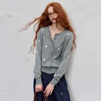 6041【金拐子】2025秋季新款韩系复古撞色小花针织开衫简约灰色短