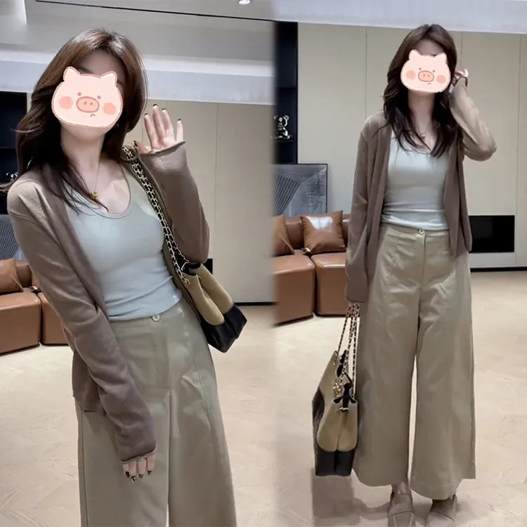 2025秋季新款休闲百搭显瘦开衫上衣+背心+显瘦百搭裤子三件套女潮