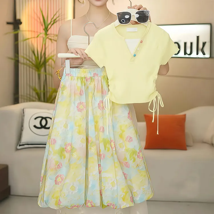 女童花苞裙套装夏季2025新款儿童时髦夏装韩版女孩收腰T恤两件套