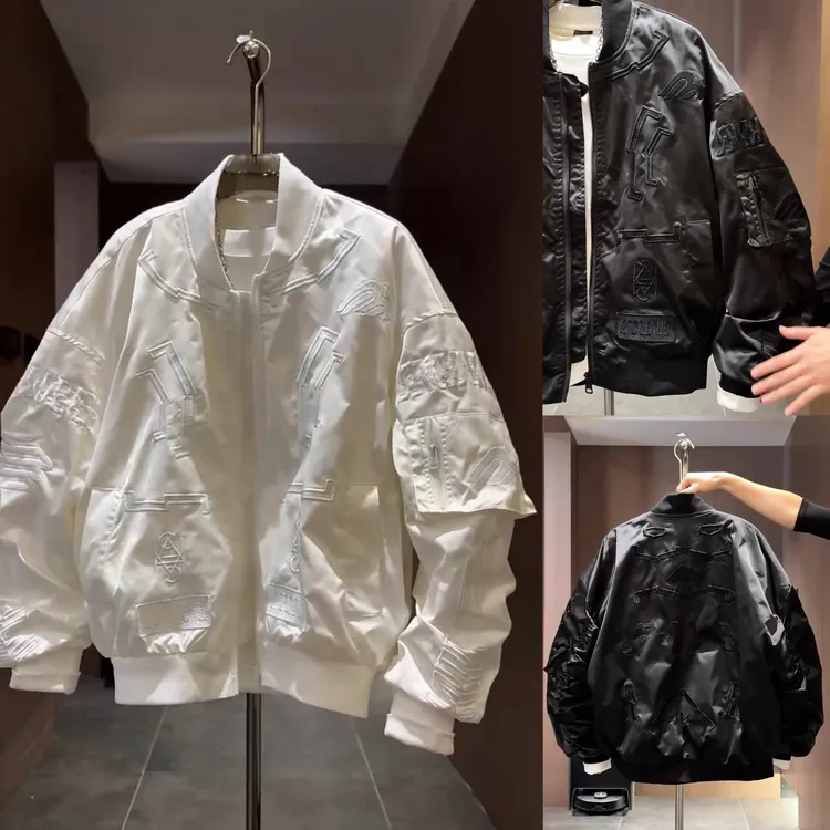 春秋季新款潮牌宽松刺绣棒球服情侣外套百搭纯色高街美式休闲夹克