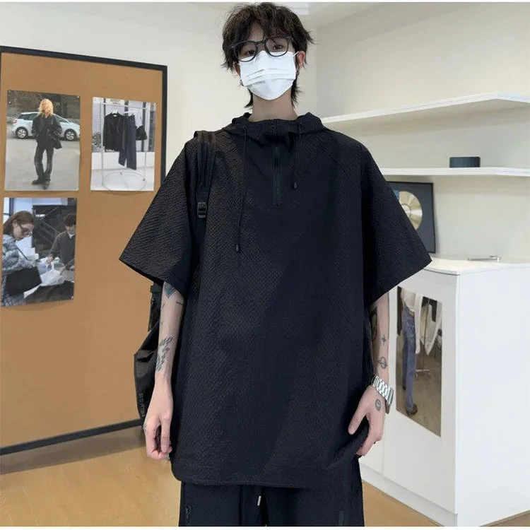 连帽泡泡纱防晒套装夏季新款潮男短袖男女同款百搭宽松T恤套装