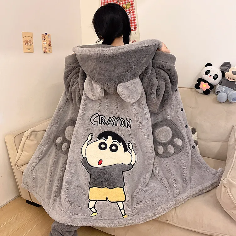 睡衣女秋冬季珊瑚绒加绒加厚法兰绒睡袍可爱卡通加大码家居服套装